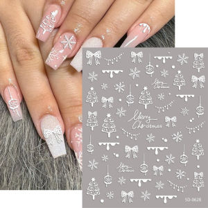 1 Miếng Dán Móng Tay 5D Hình Bông Tuyết Trắng & Nơ Thông Giáng Sinh Tự Dính Trang Trí Móng Tay Mùa Đông