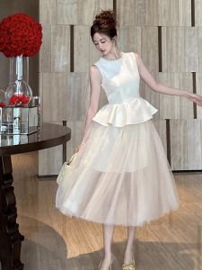 French Hepburn Style Spliced Tulle White Dress Summer Unique Light Maturity Small Crowd Non Collision Beautiful Dress