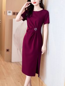 Elegant High-Waisted Summer Dress for Mothers-In-Law Celebrating May Day Glittering Polyester Fabric Short Sleeves Midi Dress