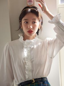 Elegant Lace Trim White Wooden Ear Collar Shirt Women Spring New French Vintage Stand Collar Long Sleeve Top Inner Wear