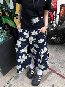 Quần Short Denim in Hoa Cúc Nhỏ Phong Cách Mỹ Cổ Điển Cho Nam Mùa Hè Quần Dài Đến Mắt Cá Chân Rộng Rãi Đa Năng