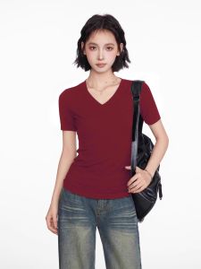 Áo Thun Cổ Chữ V Tay Ngắn Ôm Vừa Vặn Màu Đen Kiểu Mỹ Dành Cho Nữ Mùa Xuân Hè Áo Thun Cotton Nguyên Chất Mặc Trong