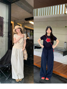 Lightweight Casual Straight Leg Pants Womens Floor-Length Loose Fit Summer Trousers Korean Style Elastic Waistband