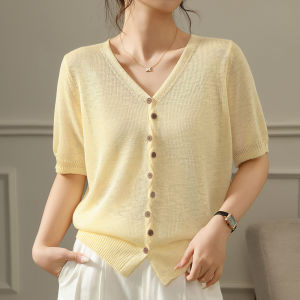 DONGYINUAN | Summer New Style V-Neck Knit Cardigan Short Sleeve Pink Lightweight Outerwear