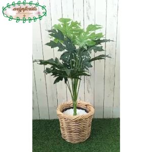 Pohon Daun Papaya Leaf Semi Latex Pot Dasar Hitam Cover Keranjang Rotan Bulat Dekorasi Ruang Tamu