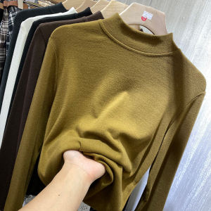 European Goods Small Stand-up Base Shirt Womens Spring Autumn Winter Fleece-Lined Half-High Collar Slimming Versatile Long Sleeves T-shirt Inner Wear Blouse