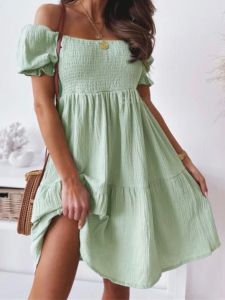 Sweet French Style One Shoulder High Waist Backless Pure Color Short Sleeve Dress A-Line Wrap Chest Skirt Summer Womens Clothing