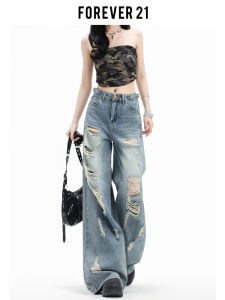 Quần Jeans Denim Ống Rộng Cạp Cao Forever 21 Xanh Nhạt Có Lỗ Hở Thời Trang Mùa Hè Cho Nữ Quần Dài Thẳng Dáng Rộng