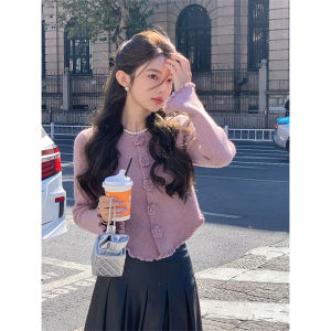 French Style Asymmetrical Stringy Selvedge Knitwear Womens Fall/Winter Slim Short Three-Dimensional Flowers Classy Sense of Atmosphere Small Top