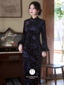 New Chinese Style High-end Black Guofeng Velvet Dress With Fleece