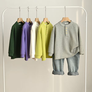 Long Sleeve Childrens T-shirt Spring Autumn Stand Collar Half Open Cardigan Base Layer Boys Girls Kids Clothing Cotton Fabric