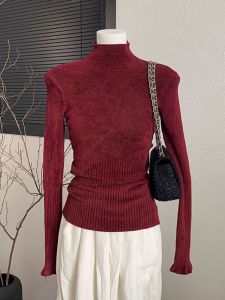 BINKAFENNY | Ankela Red Knitted Wool Sweater Womens Autumn Winter Slim Fit Soft Outerwear High Collar Long Sleeve Solid Color Commute Style