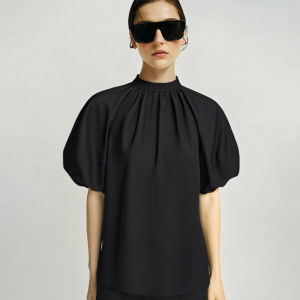 AMII | Age-reducing Patchwork Puff Sleeves Bowtie Closure Silk Blouse