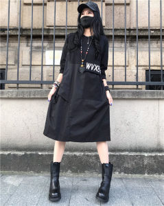 Fashionable Patchwork Loose Letter Casual Midi Dress Knee-Length Overalls Slimming Skirts Commute High Waist A-Line Dress