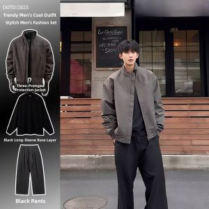 Black Hard Shoulder Jacket Set Mens Short Bomber Outerwear Autumn Season Complete Set Casual Sportswear Polyester Fiber