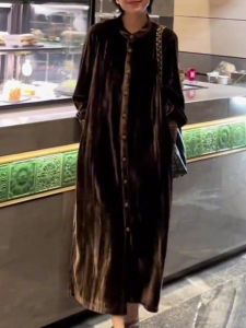 UYFY | Caramel Velvet Round Neck Dress Womens Loose Fit Luxury Slimming Large Size Autumn New Style Casual Comfortable Long Dress