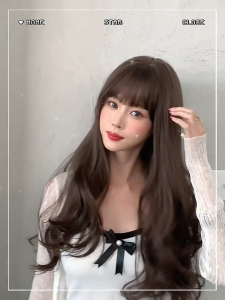 Fashion Wavy Wigs with Neat Bangs Light Brown Wig Body Wave Brown Wig for Women