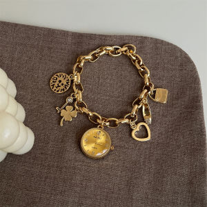 นาฬิกาข้อมือสตรีแบบวงกลมหรูหรา สายโซ่ หน้าปัดกลม สายรัดโลหะผสม กระจกป้องกันน้ำ นาฬิกาข้อมือแบบหัวใจ นาฬิกาข้อมือสุดหรู