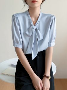 Gray Blue Bow Tie Short Sleeve Shirt Womens Summer Professional Formal Top Work Uniform Interview Set Chiffon Blouse