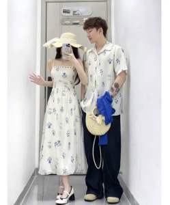 Sét đồ đôi họa tiết hoa lá váy nữ dáng dài cổ vuông không tay lưng dây chéo xinh xắn