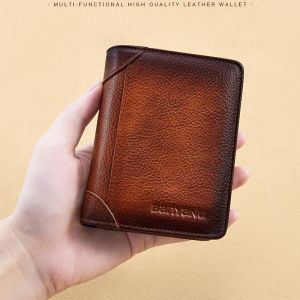 MISTLETOE Men Coin Purse Small Trifold Retro Cowhide Genuine Leather Wallet for Man