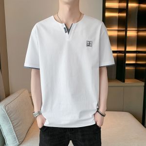 ROMON | Lormen Mens Pure Cotton Short Sleeve T-shirt Summer Style V-neck Ice Silk Body Chinese Style Tang Costume Fake Two-Piece