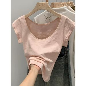 Pure Cotton Short Sleeve U-Neck Basic Style Slim Fit Short Length T-Shirt Women Spring Summer Solid Color Korean Version Top