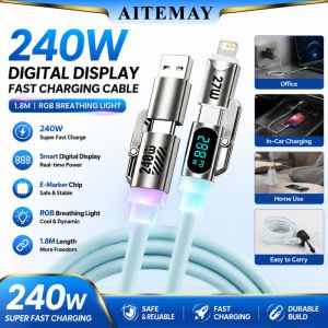 (Hàng mới về) aitemay 2 cái 240W 4 trong 1 Cáp sạc nhanh có thể thu vào USB C sang Lightning & Type-C với một nút ngắt kết nối màn hình hiển thị kỹ thuật số Hợp kim kẽm hương thơm 1.8m