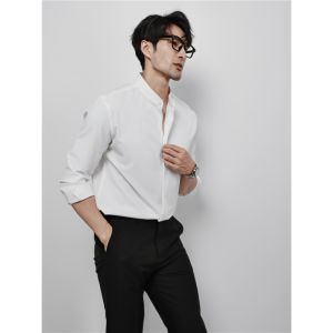 New Chinese Style Mens Business Casual Design White Shirt Long Sleeve Stand Collar Mens Fashionable Loose Fit Iron Free