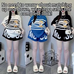 Casual Sets Terno for Women Korean Summer Loose Striped Teddy Bear Loose Sports Short Sleeved Shorts