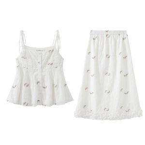 Cotton Lace Halter Floral Edge Midi Skirt Set