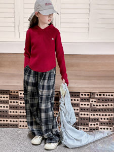 MPW | Girls Plaid Wide Leg Pants Set Korean Style Childrens Clothing Spring Autumn Fashionable Two-Piece Outfit For Ages 3-14