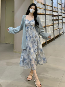 New Chinese Style High Waist Floral Print Two-Piece Set Elegant French Slimming Summer Midi Dress with Belt for Women