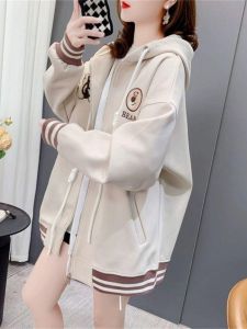 American Style Womens Baseball Jacket Hooded Coat Loose Fit Mid-Length Open Cardigan Top Large Size Spring Autumn Cotton