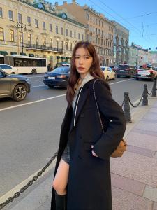 Pusumede Black Mid-Length Woolen Suit Jacket Womens Autumn Winter Korean Style High-End Feeling Woolen Coat Long Sleeve