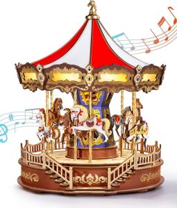 Robotime Rokr Classic Carousel Music Box 3D Wooden Carousel Puzzle LED DIY Toys Xams Childs Gift