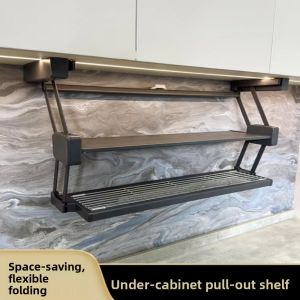 Kitchen Pull down Foldable Expandable Shelf Cabinet Rising Double Layer Ready to Cook Storage Drainage Rack Modern Simple Style Aluminum Material