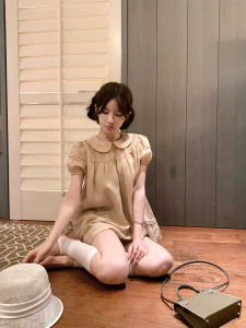 Bigking Summer Short Sleeve Shirt with Doll Collar Bubble Sleeves Womens Set with Shorts Viscose Linen Material French Style