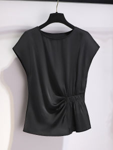 Elegant Black Satin Short Top Womens Summer 2025 New Style Lightweight Luxury Asymmetrical Acetate Blouse for Business Commute