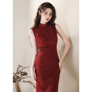 Elegant Traditional Red Chinese Dress Qipao Simple Retro Style