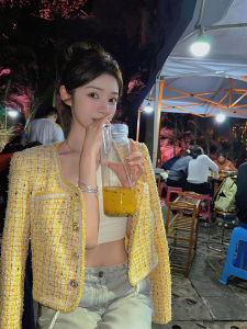 Spring Autumn New Style Yellow Short Outerwear Womens White Loose Weave Thickened Knitted Top Korean Version Ins Fashion
