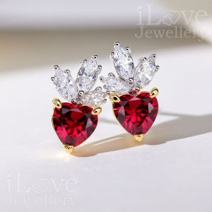 iLove Jewellery 925 Sterling Silver 18K White Gold Plated Heart Shape Created Ruby Red Zirconia Earrings Subang Telinga Stud Women Fashion Birthday Gift ILE021