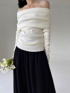 BINKAFENNY | Pure White One-Shoulder Long Sleeve Knitted Sweater Womens Style Slim Fit Commute Fashion Korean Version Inner Wear Unique