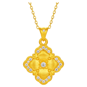 Four-Leaf Clover Style Gold Pendant with Inlay and Brushed Finish