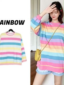80% สำหรับเสื้อแขนยาวลายทางสีรุ้งพาสเทล ทรงโอเวอร์ไซส์ - สินค้าผ่าตัดสำหรับผู้หญิง