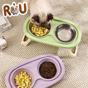Practical With Stand Pet Bowl Non-Slip Large Capacity Cat Double Bowls Protect Cervical Spine Portable Dog Food Container