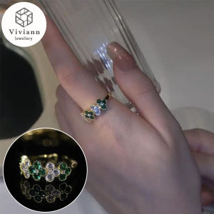 Viviann Romantic Plant Rings With Gepmetric Green Cubic Zircon Stone Fresh Leaves Band Design Engagement Rings Fashion Jewelry Opening Inlaid Zircon Ring Luxury Shiny Party Ring for Women