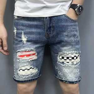 New 2024 Mens Denim Shorts Straight Leg High Elasticity Patchwork Print Trendy Brand Jeans Cotton Stretch Fabric Urban Style