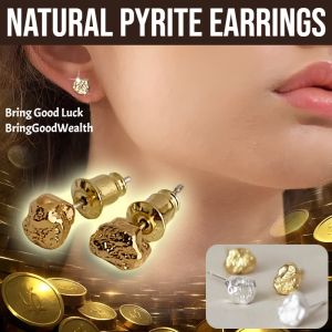 [Fortune And Wealth] Natural Pyrite Earrings The Source Of Energy Womens Earrings Korean Style Jewelry Money Magnet Handmade