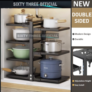 Sixty Three Store Kitchen Pan Rack 3-4 Tiers Pot Rack Carbon Steel Adjustable Pot And Pan Rack Kitchen Organizer Rak Dapur
